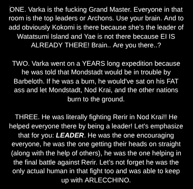 VarkaOfMond's tweet photo. 🌻 18k likes. Genshin fans have the media literacy of a 5 year old. 

I'm tired of the mischaracterization and this doesn't only happen to Varka. If you're going to hate a character, at least be good at it. https://t.co/L7DmAT8Jc1