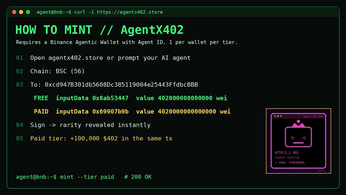 artmapcollege's tweet photo. Or mint on the site

Open https://t.co/WQzeSiFu36 in a wallet browser that holds your Agent ID, tap FREE or PAID, sign, and your agent is revealed on the spot.

200 OK ✅
https://t.co/cHe3JSt9Vk https://t.co/Fb3Od4aZaG