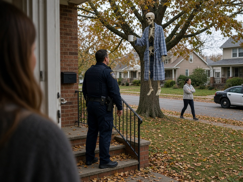 Hayato_ett's tweet photo. Last Sunday, a police officer came to my door because my neighbor had reported a body hanging from my tree.

It was a plastic skeleton.

He’s hung in our oak tree every October for six years. He wears my husband’s old bathrobe and holds a coffee mug.

Kids wave at him on their way to school.

The woman across the street moved in this summer. Last week, she asked me to take him down because he was scaring her son.

I offered to turn him around so he faced away from her windows.

I did it that evening.

On Sunday, the officer stood on my porch, looking up at the bathrobe.

He asked whether I knew why he was there.

Before I could answer, my neighbor walked across the street.

She didn’t look at the tree. She looked at him.

“She put it up the day after I told her my son was terrified.”