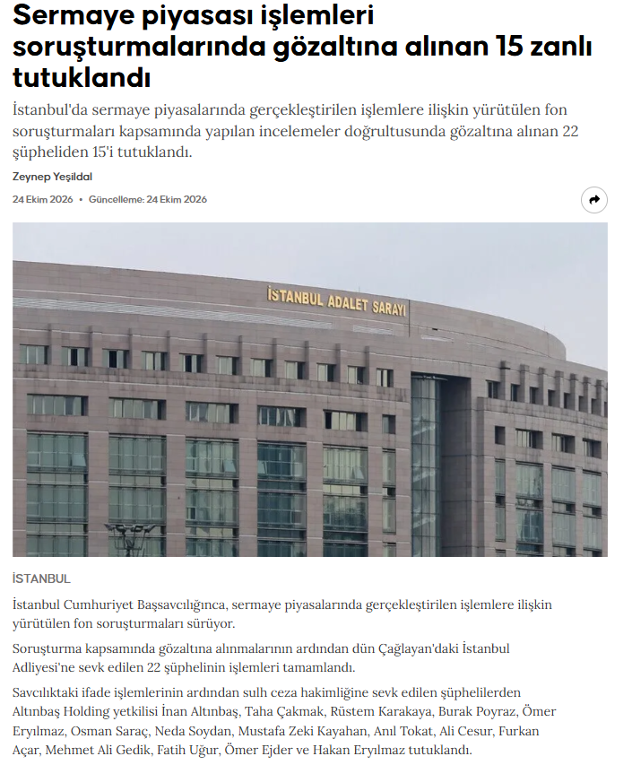 HAKKIMIZYENDI's tweet photo. AnadoluAjansı:
Savcılıktaki ifade işlemlerinin ardından sulh ceza hakimliğine sevk edilen şüphelilerden Altınbaş Holding yetkilisi İnan Altınbaş, Taha Çakmak, Rüstem Karakaya, Burak Poyraz, Ömer Eryılmaz, Osman Saraç, Neda Soydan, Mustafa Zeki Kayahan, Anıl Tokat, Ali Cesur, Furkan Açar, Mehmet Ali Gedik, Fatih Uğur, Ömer Ejder ve Hakan Eryılmaz tutuklandı.

Şüpheliler, Selay Turhan İnce, Ebru Avcı, Canan Özdemir, Abdullah Dal, Seda Tarım Kocabalkan, Feyza Gözde Özdemir ve Erhan Tunç hakkında da adli kontrol tedbiri uygulanmasına karar verildi.
#OdeKurtulFonZedePesinde #FonzedeGazetecilerle #AltinbasYaOdeYaHapis #FONLARATamAnaPara
@RTErdogan @dbdevletbahceli @hasandogan @_cevdetyilmaz @memetsimsek @sahapkavcioglu @abakingurlek @burhanduran @oktay_saral @iletisim @spkgovtr @tcbestepe @Akparti @bilalerdogan_TR @turgev @T3Vakfi @ilimyaymavakfi @Bilalabitr @samiltayyar27 @birincimucahit @mkulunk @haskologlu @alibabacan @Takasbank @MerkeziKayitTur @ikalin1 @AvOzlemZengin  @NumanKurtulmus @abdulhamitgul @avabdullahguler @mehmetucum @HakanFidan @cbfinans @eczozgurozel @kilicdarogluk @umitozdag @dbdevletbahceli @MDervisogluTR @erbakanfatih @alibabacan @iyiparti @zaferpartisi @yenipartiyiz @rprefahpartisi @devapartisi @DEMGenelMerkezi @MHP_Bilgi @herkesicinCHP @55erhanusta @ComezTurhan