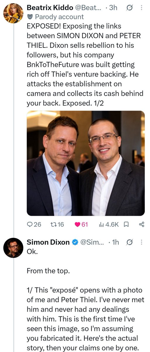 BeatrixKiddo542's tweet photo. Look at the cowardice. Simon blocks people so they cannot reply, then sneaks into their comments. He claims I fabricated a Thiel image, lying when post five of my thread explicitly stated it was AI. He uses cheap slander because he cannot face direct scrutiny. 1/4 https://t.co/Ypl67Uf9gT