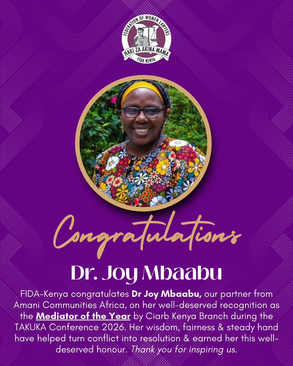 fidakenya's tweet photo. FIDA-Kenya congratulates Dr Joy Mbaabu on being named Mediator of the Year by @CIArbKenya. This award recognises your exceptional work in mediation, peacebuilding, and conflict transformation. As the founder of @AfricaAmani &amp; a Global Women Peace Ambassador. https://t.co/Kw0XC8INrL