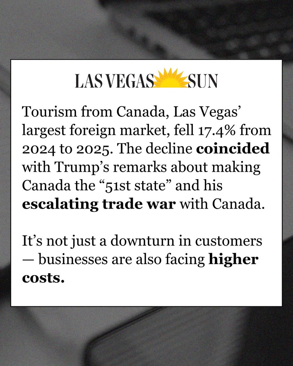 A white rectangular news graphic from the Las Vegas Sun, shown over a blurred grayscale background. It contains a headline-style statement about declining tourism from Canada and rising costs for businesses.