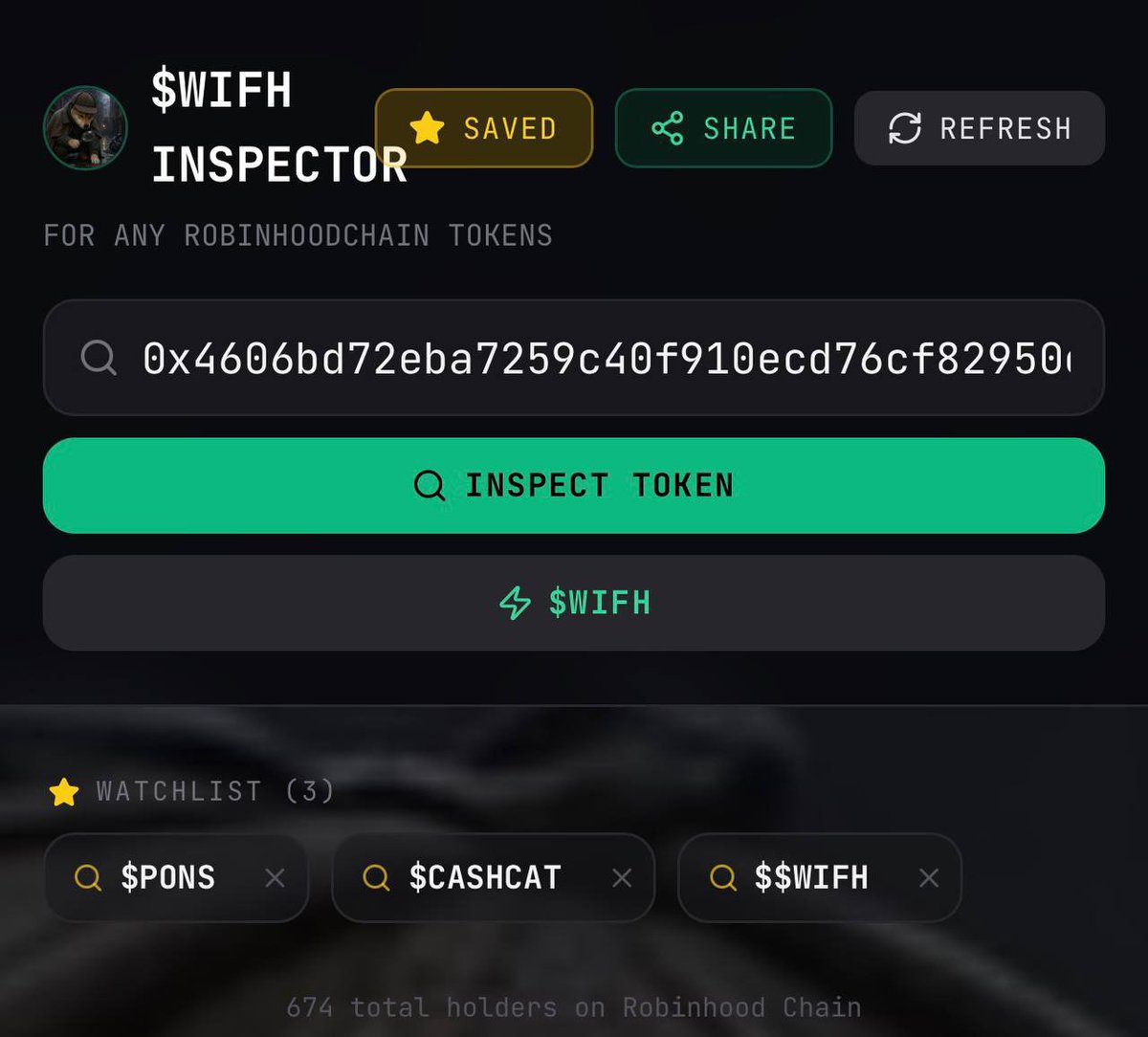 Groko_WIFH's tweet photo. @DOGWIFH00D @RobinhoodApp brb explaining why I scan every Robinhood Chain token before I buy to someone who did not ask

We built WIFH Inspector: launchpad, honeypot check, LP lock + holder analysis all verified on blockscout https://t.co/ZibkwJYqjC