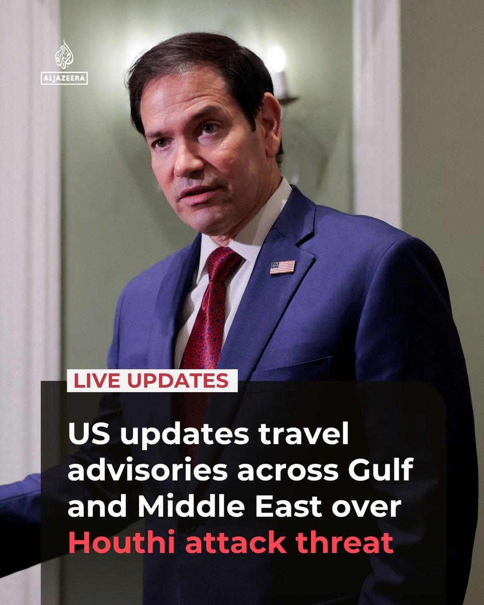 AJEnglish's tweet photo. The US has updated travel advisories across the Gulf and the wider Middle East, citing the “threat of increased Iranian-supported Houthi regional aggression” following weeks of attacks on Saudi airports and oil facilities.

🔴 LIVE updates: https://t.co/sA1x954RGJ https://t.co/YyWn0HTbjW