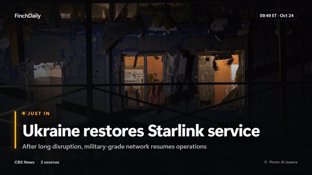 finchdaily's tweet photo. #Starlink speeds restored in #Ukraine after long disruption, per CBS News.

The military-grade network is the backbone of drone operations in the war. https://t.co/rSLGFMQUNF