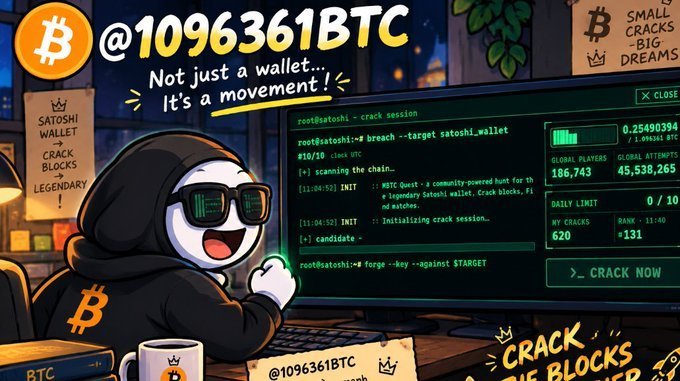 OnlineMone1's tweet photo. @1096361BTC
 
The numbers tell the story:
186,743 players worldwide
45,533,776 total attempts across the network
Community progress bar: 0.2553 / 1.096361 BTC
Limit: 10 attempts per person, per day

Over 45 million attempts, yet the door remains locked. It’s both disco https://t.co/ygJJhCaj75