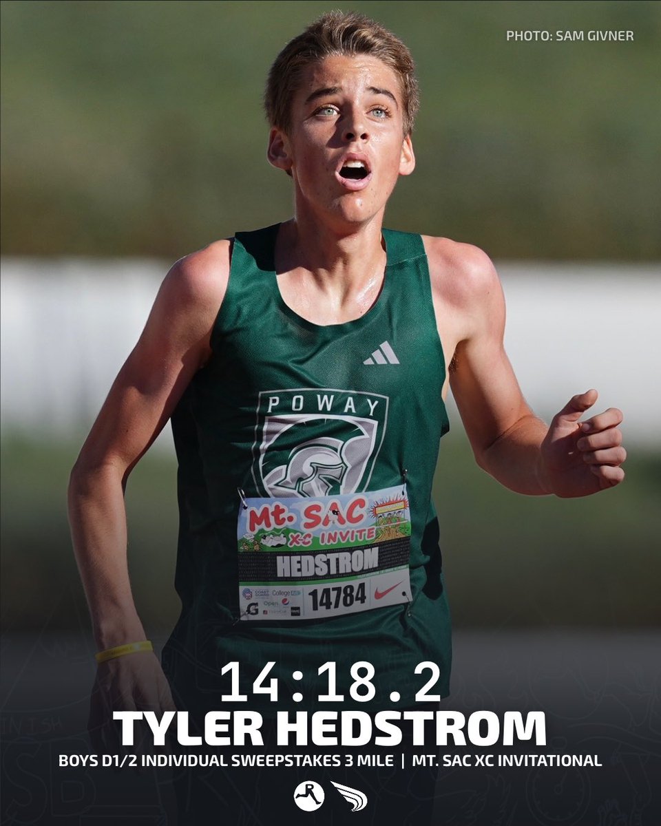 DyeStat's tweet photo. These sweepstakes finishes are crazy! 

Poway CA’s Tyler Hedstrom holds off Kingsley Lin of Santa Monica CA, 14:18.2 to 14:18.8, to win the D1/2 individual boys sweepstakes title on the rain course at #MtSACXC. 

📸: Sam Givner https://t.co/ZiXUIre1RJ