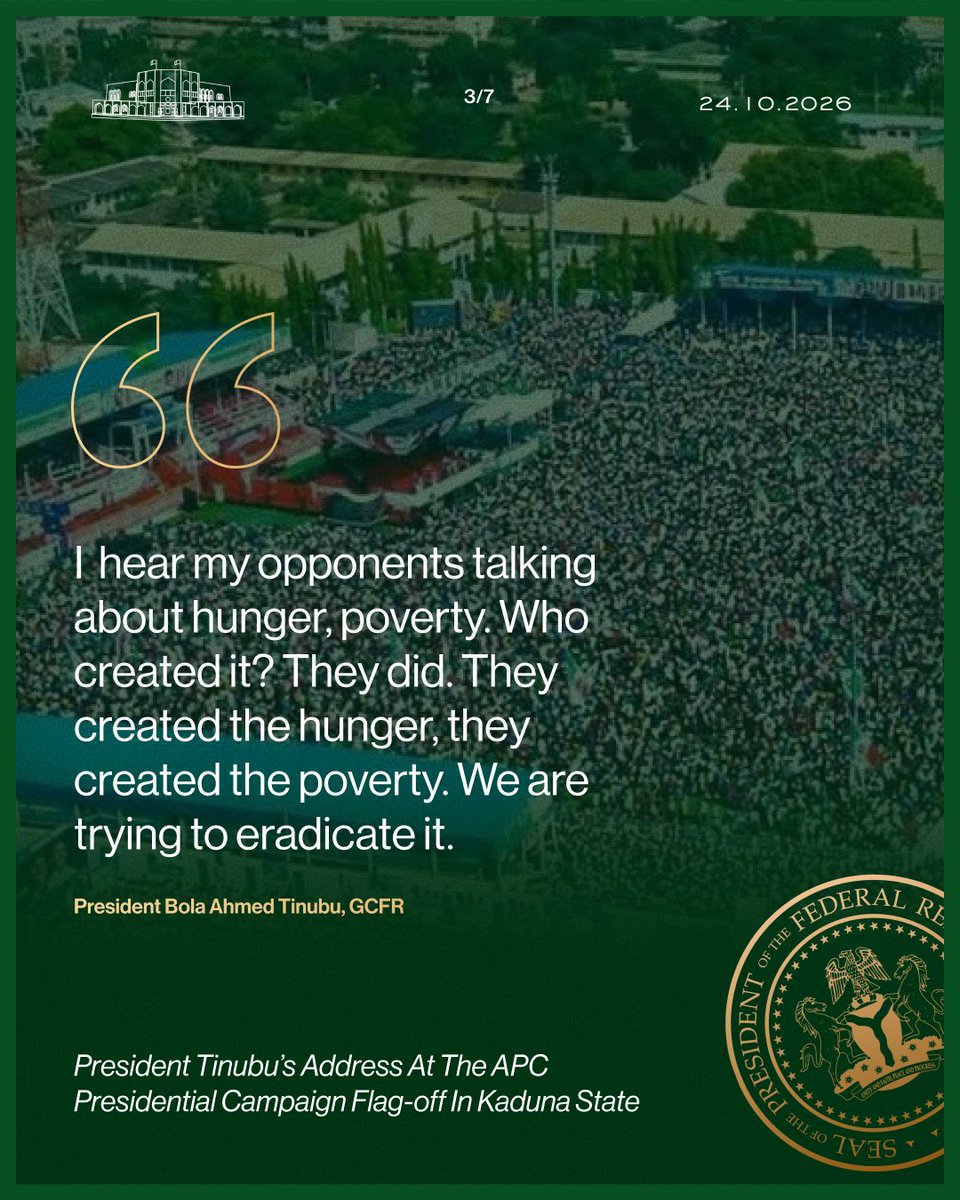 NGRPresident's tweet photo. Quotes From President Tinubu's Address At The APC Presidential Campaign Flag-off In Kaduna State. https://t.co/rOpDvRMVGe