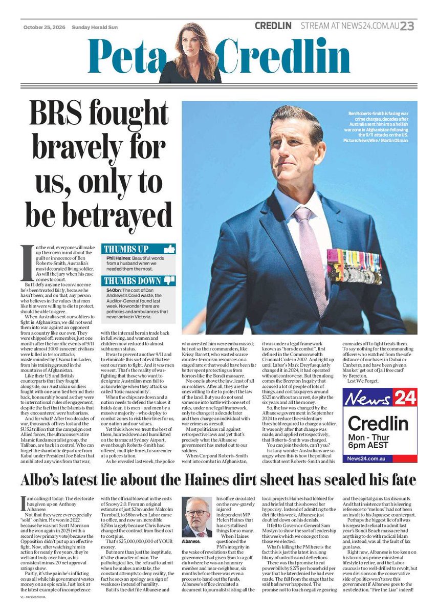 LT_Aust's tweet photo. The Albanese Labor Government Hunted Down Ben Roberts-Smith Who Is An Australian Decorated Hero

A stern warning to all the traitorous gutless Labor Communist SCUM, the tables are turning and you the ‘hunters’ have now become the new prey.

Watch your political Seats tumble & remember Ben Roberts-Smith when they do.

#Auspol #LaborTrash Govt #CommieBastards #LaborTraitors