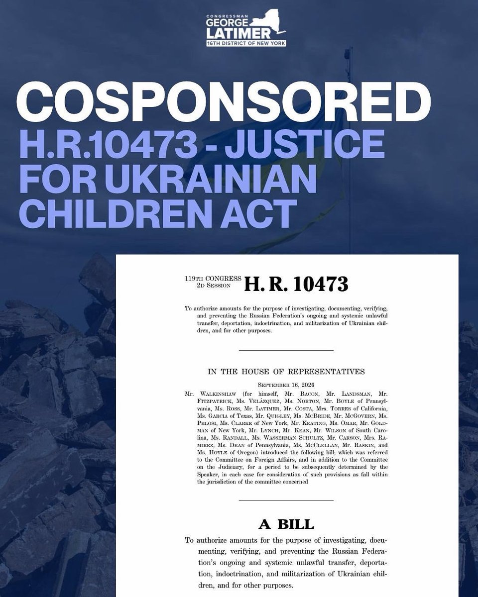 RepGLatimer's tweet photo. According to the Ukrainian government, Russia abducted at least 20,000 Ukrainian children since the start of the full-scale invasion. That’s why I am proud to co-sponsor the bipartisan Justice for Ukrainian Children Act, which provides essential funds to aid in the return of abducted children, hold the perpetrators accountable, and requires regular reporting from the State Department on their efforts to return children to their homes.