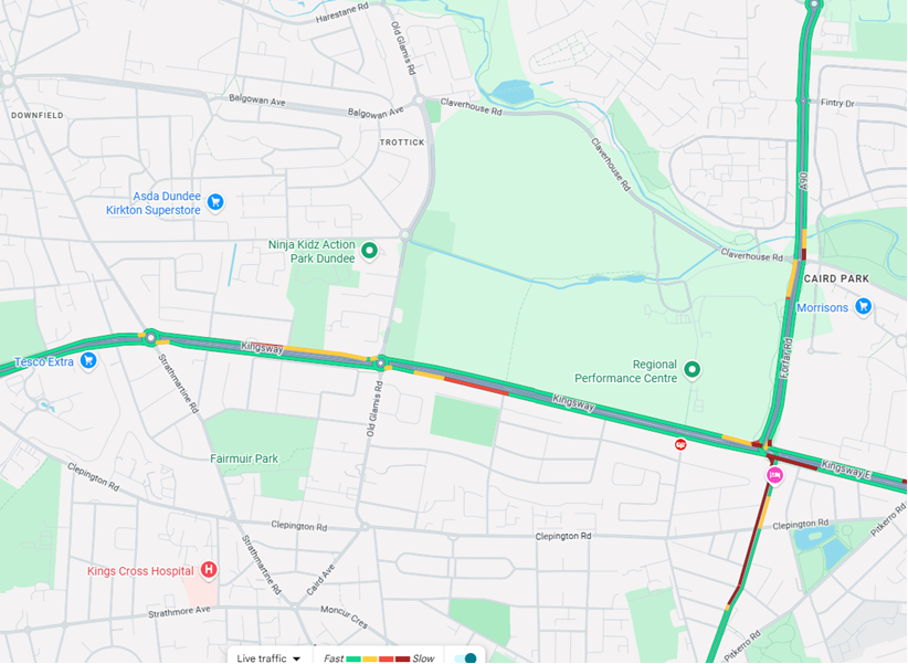NETrunkRoads's tweet photo. Update   #A90 Dundee - between Strathmartine Road - Old Glamis Road  Due to flooding, the carriageway is currently restricted. Delays Light in the area.

@trafficscotland https://t.co/2jCc1Dg4As
