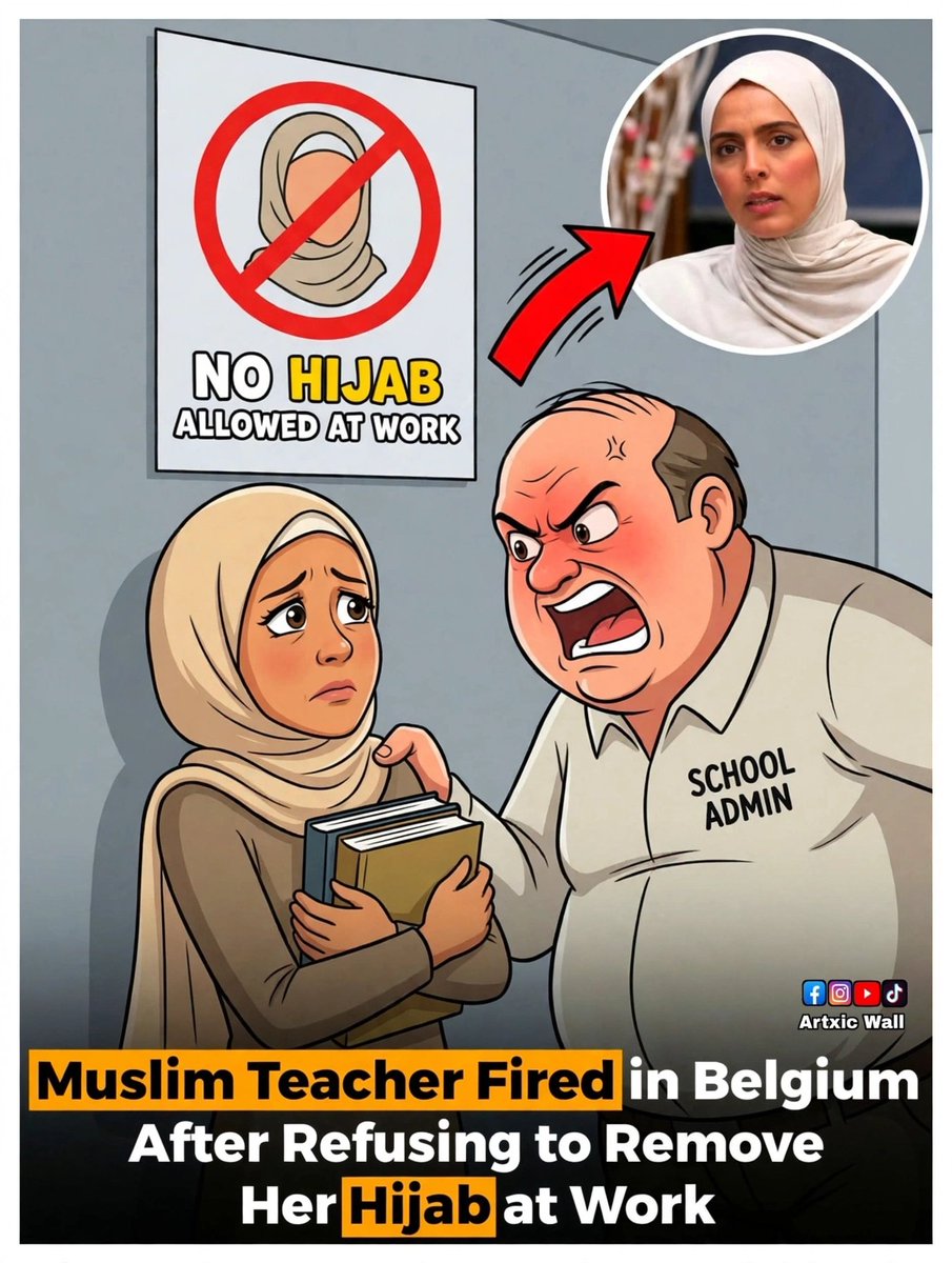 Evelyn001d's tweet photo. Muslim teacher fired in Belgium after refusing to remove her hijab at work. Do you think this is fair or discrimination? https://t.co/ihFl5VM1Ns