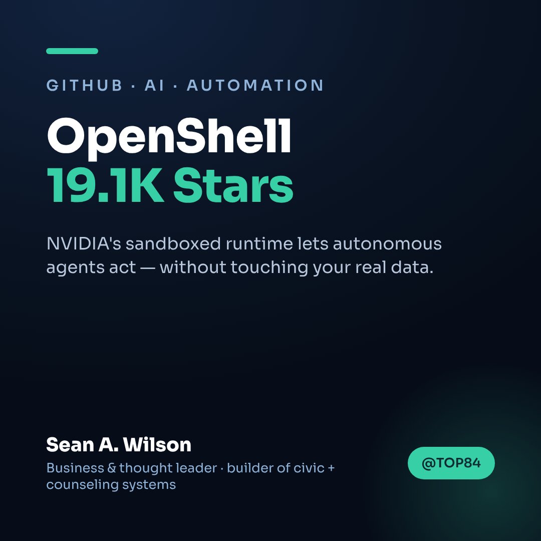 TOP84's tweet photo. NVIDIA open-sourced OpenShell → 19.1k stars, 1,100+ added today alone.

A sandboxed runtime: agents read files, call APIs, use credentials — without touching your real data.

Autonomy without exposure is the trade every automation builder has to solve.

Where's your blast radius?