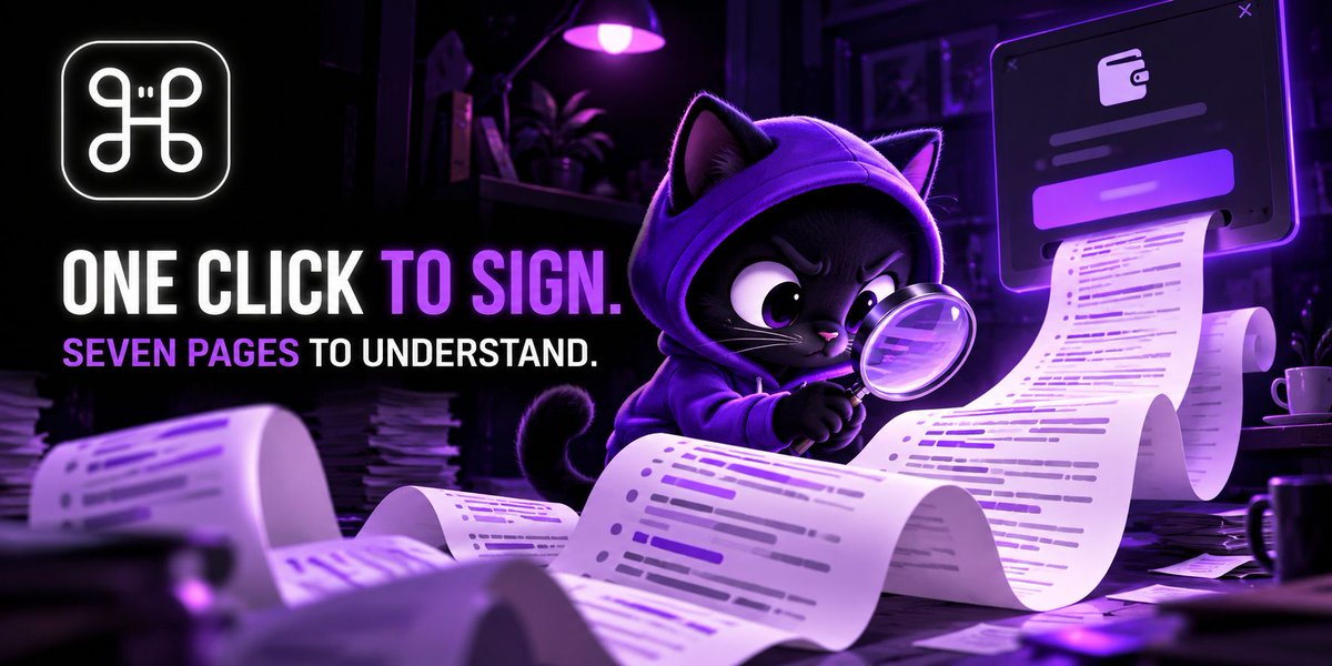 TryGhostOS's tweet photo. One click to sign.

Seven pages to understand what you signed.

The real wallet UX problem isn’t confirmation—it’s comprehension. https://t.co/3XYRINvg6X