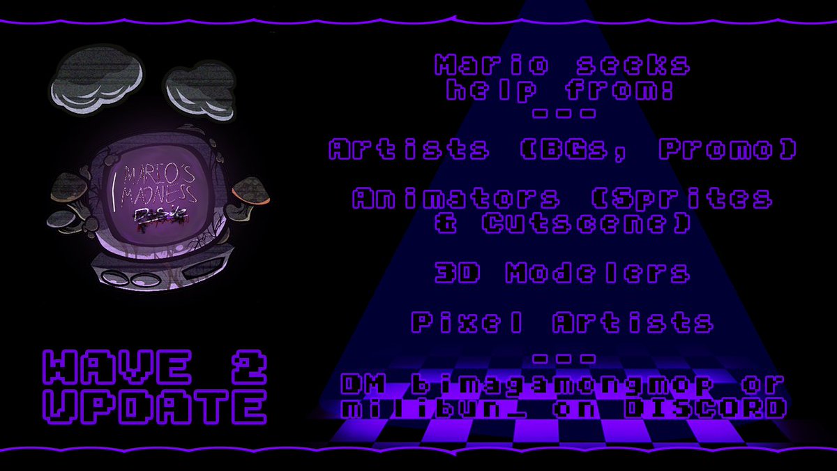 MMDSides's tweet photo. MARIO SEEKS YOUR HELP!

Yet another help wanted post!
DM either bimagamongmop OR milibun_ ON DISCORD, OR THIS ACCOUNT to apply!

#fridaynightfunkin #mariosmadnessv2 #fnfdside #fnfdsides #fridaynightfunkinmod #mario https://t.co/kfT1EXRkWW