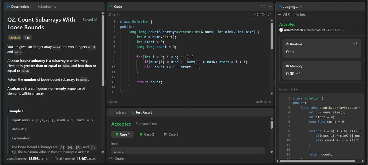 AshutoshP2128's tweet photo. 💻Day-334/365 series of Consistent-Coding-Daily-DSA!💻

✅Difference Between Peaks and Valleys (LC) [O(n), O(1)]
✅Count Subarrays With Loose Bounds (LC) [O(n), O(1)]
✅Count Days Spent Together (LC) [O(1), O(1)]

💾 Code: https://t.co/BKCD7BRDL0

#365DaysOfDSA #DSA #LeetCode https://t.co/otj1n3lbB8