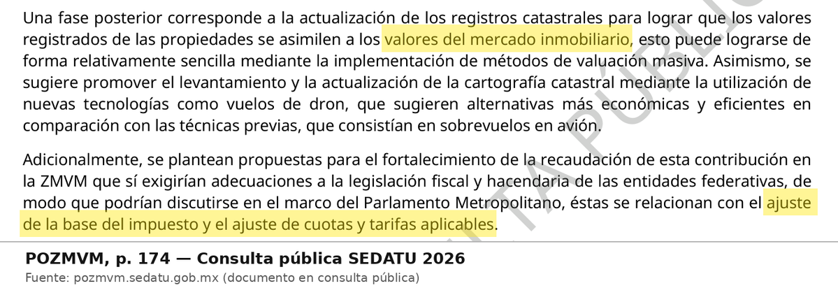 PGDCDMX's tweet photo. No es angustia, es aritmética. La p. 174 del #POZMVM propone que los valores catastrales «se asimilen a los valores del mercado inmobiliario» y, después, el «ajuste de la base del impuesto y el ajuste de cuotas y tarifas». Si tu casa vale más en el papel, pagas más predial. Así de simple, y así de escrito.
@MetropolisCDMX @SEDATU_mx
#POZMVM #POZMVMSíEsVinculante