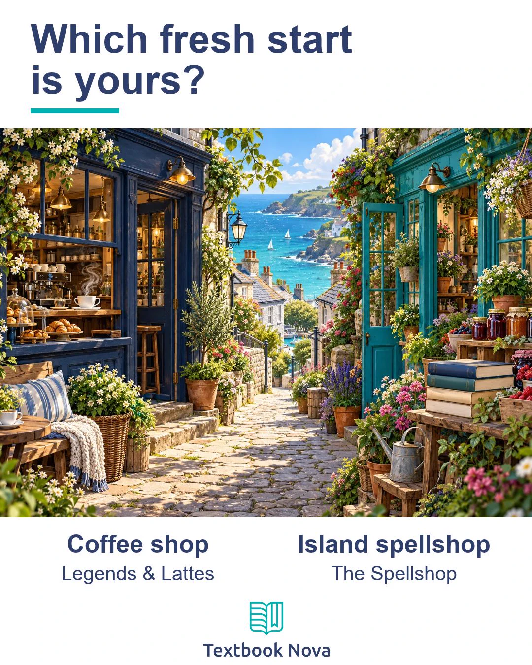 Which fresh start is yours? Coffee shop: Legends & Lattes. Island spellshop: The Spellshop.