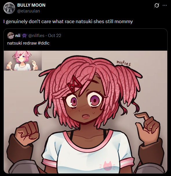 DownBadDDLC's tweet photo. I think that black Natsuki is still a cute Natsuki in my books. https://t.co/cTPio9b3cC
