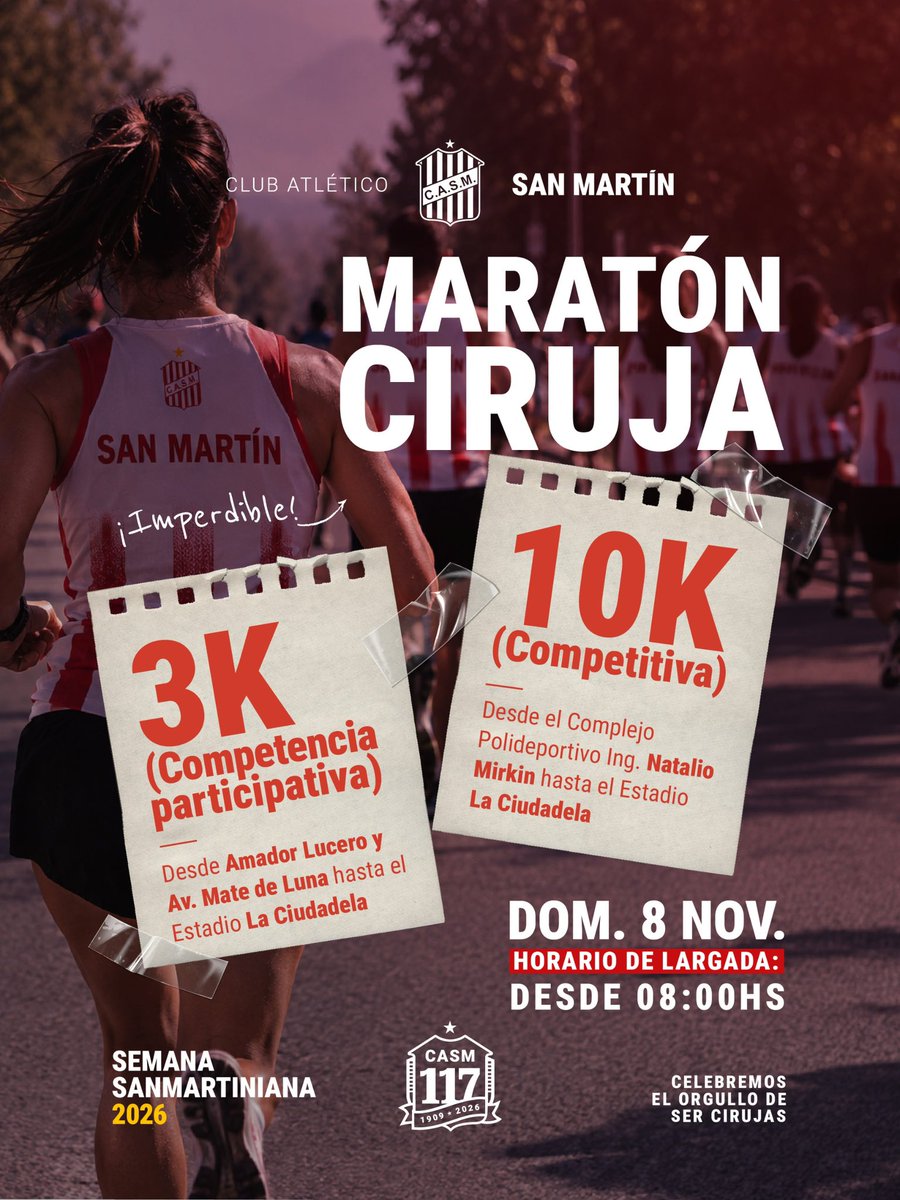 CASMOficial's tweet photo. 🔴⚪️ #SemanaSanmartiniana

Se viene la gran maratón Ciruja 🇦🇹

El domingo 8 de noviembre, en el marco de la Semana Sanmartiniana, se realizará la primera maratón Ciruja para todos los deportistas hinchas y socios de nuestra institución.

👉 Habrá dos categorías:

•3k: Desde Amador Lucero y Av. Mate de Luna hasta el Estadio La Ciudadela.

•10k: Desde el Complejo Polideportivo Ing. Natalio Mirkin hasta el Estadio La Ciudadela.

‼️ Próximamente se estará publicando los requisitos y los puntos donde se podrán inscribir los participantes.

#VamosCiudadela