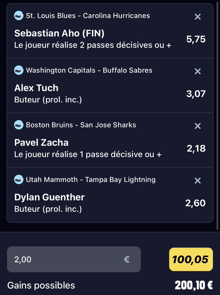 IceVador444's tweet photo. Voila j'me base sur ça cette nuit 3 cote a plus de 100 faut que ca pete ! Mise 2 € max les boyz #teamparieur #nhl bonne chance a tous 🫡 https://t.co/Z35zWZUG9M