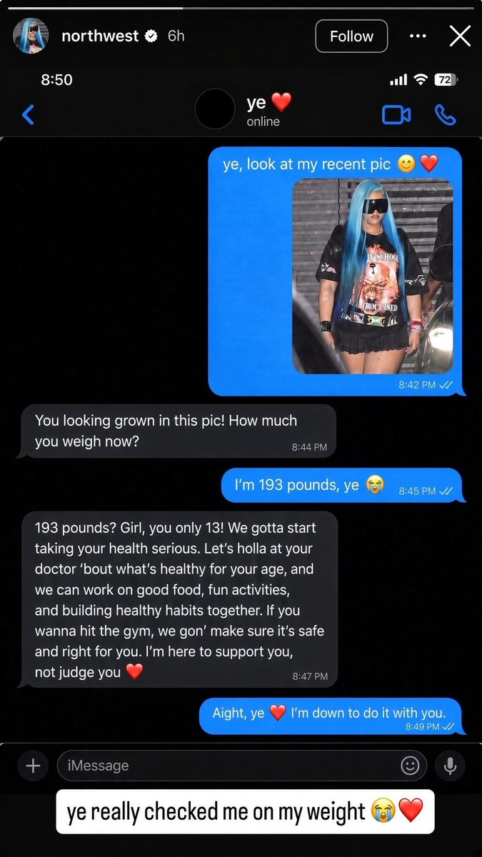 petros_studios's tweet photo. North West shared a private chat with her dad, Kanye West, where he asked about her weight, and she revealed she weighs 193 pounds. 😭 Kanye then promised to hit the gym alongside her, turning the conversation into a father-daughter fitness moment. ❤️ https://t.co/FdL8f2K3DS