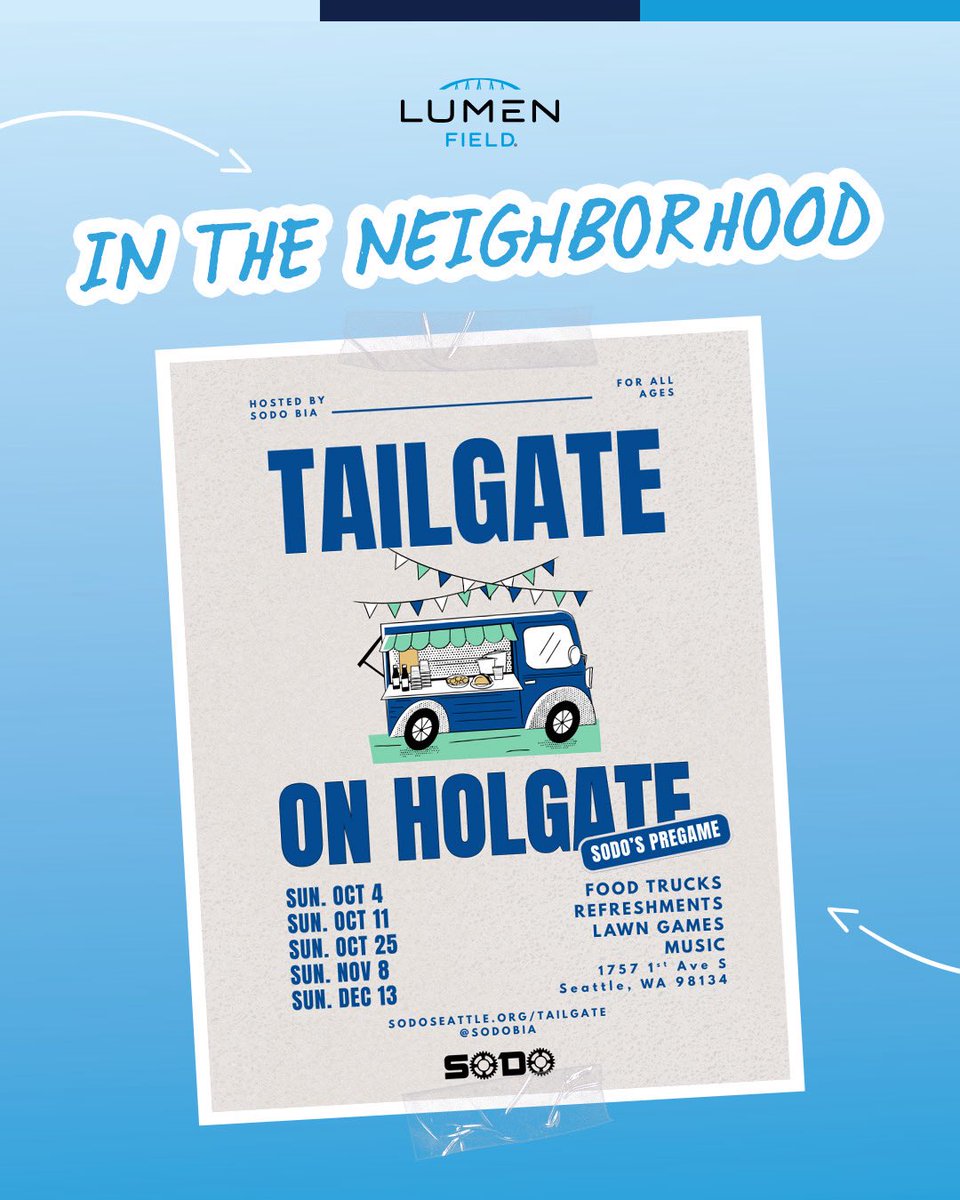 LumenField's tweet photo. Heading to Lumen Field tomorrow? 🏈

Make a stop in the neighborhood at the SODO Tailgate on Holgate before kickoff!

Learn More: https://t.co/H9fWYjcOU7 https://t.co/ErOqDTrnOf