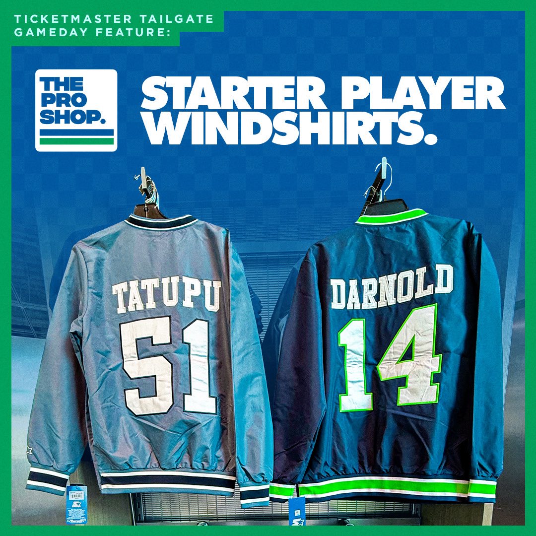 LumenField's tweet photo. Don't miss tomorrow's @SeahawksProShop Gameday Selects in Ticketmaster Tailgate: Starter Player Windshirts featuring Sam Darnold, Jaxon Smith-Njigba, and Seahawks Legends Lofa Tatupu, and Steve Largent! 🔥

Get yours before they're gone! https://t.co/ppvFpTTG0t