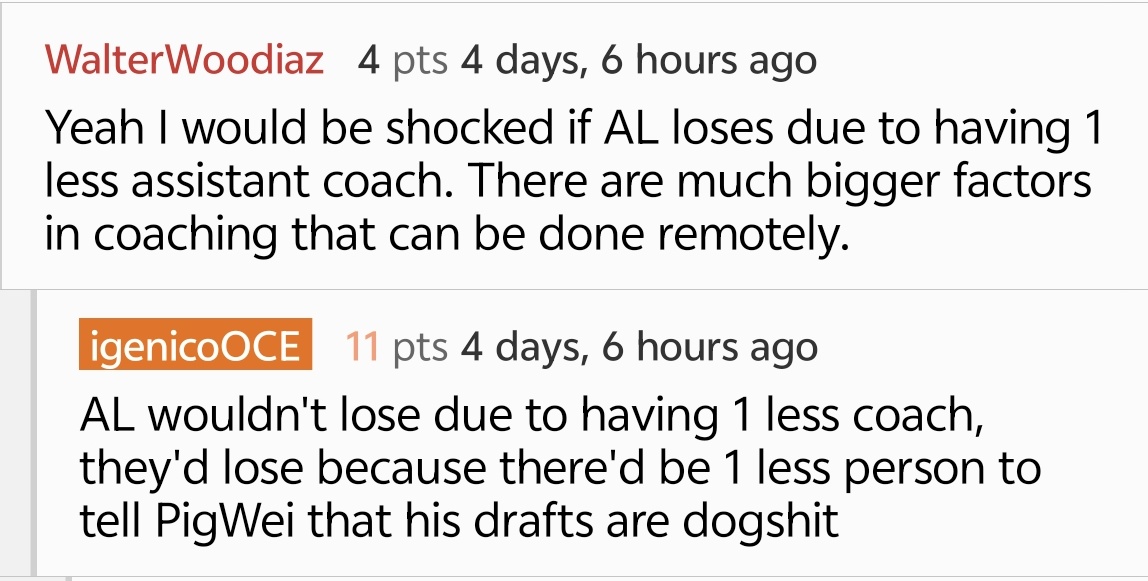 igenico's tweet photo. TES has Xiaobai (AL 2025) as their substitute coach on loan from JDG.

AL on the other hand lost their main drafting coach Despa1r (TES 2024, Weibo 2025) to visa issues and now they're stuck with BigWei, responsible BLG's years of unplayable drafts.

Unfortunately I predicted it https://t.co/yoU49QD816