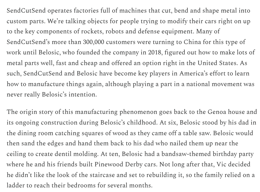 ashleevance's tweet photo. SendCutSend went from a hobby to making 50 million metal parts per year. It just raised another $140 million to keep expanding.

I spent a couple of days with its founder @jimbelosic at the Reno headquarters and factories and his childhood home. Big ole story on what I discovered right here - https://t.co/YUsJpJywkV