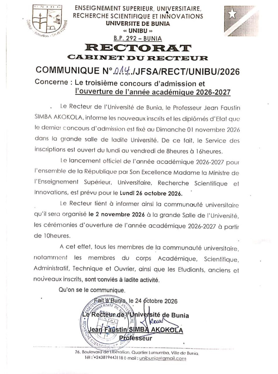 MagSYNOPSIS's tweet photo. Les cérémonies d'ouverture de l'année académique 2026-2027 auront lieu le 2 Novembre à L'UNIVERSITÉ DE BUNIA (#UNIBU ). (Communiqué Rectorat).

@Presidence_RDC 
@UNESCO 
@education_gouv 
@PrimatureRDC 
@SuminwaJudith 
@Com_mediasRDC 
@education_gouv 
@ONU_fr 
@ITURIAMANI 
@RFI https://t.co/qidWUIVgON