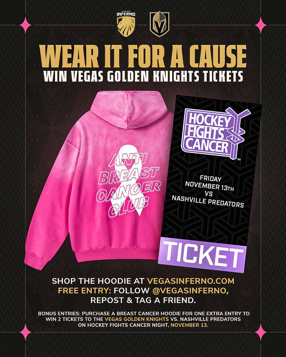 vegasinferno's tweet photo. Wear It For A Cause 💜🏒🎮

Win 2 tickets to the @GoldenKnights vs. Nashville Predators on Hockey Fights Cancer Night |  Friday, November 13.

FREE entry: 1️⃣ Follow @VegasInferno 2️⃣ Repost this post 3️⃣ Tag a friend
🎟️ Bonus entry: grab the Anti Breast Cancer Club hoodie, 20% of net proceeds go to the @AmericanCancer 

Entries close Monday, November 9. Winner drawn the same day.

No purchase necessary. Not sponsored by Instagram or the VGK.