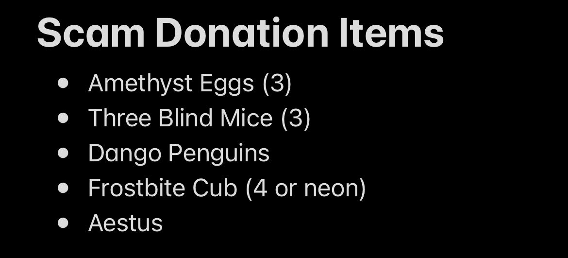 ScamDonation's tweet photo. 🐾Donation List🐾
Happy AA everyone! Hope you were able to enjoy it! We bring the daily list once again, help us get these items to the scammed!

Dm us or comment down below if you are willing to donate, share! https://t.co/4hrin9tgzV