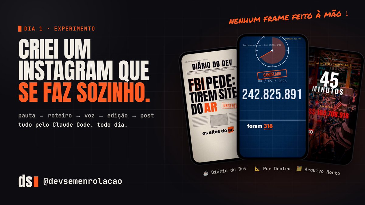 gabrielvesal's tweet photo. criei um instagram que se faz sozinho

o claude code escolhe a pauta, confere a fonte, escreve, narra, edita e posta. 3 vídeos por dia, sem eu encostar

hoje é o dia 1. vou mostrando os números aqui

segue e me fala se tá bom ou se tá com cara de IA 👇

https://t.co/wjYEhHZxLI https://t.co/aSn9p2JdCt