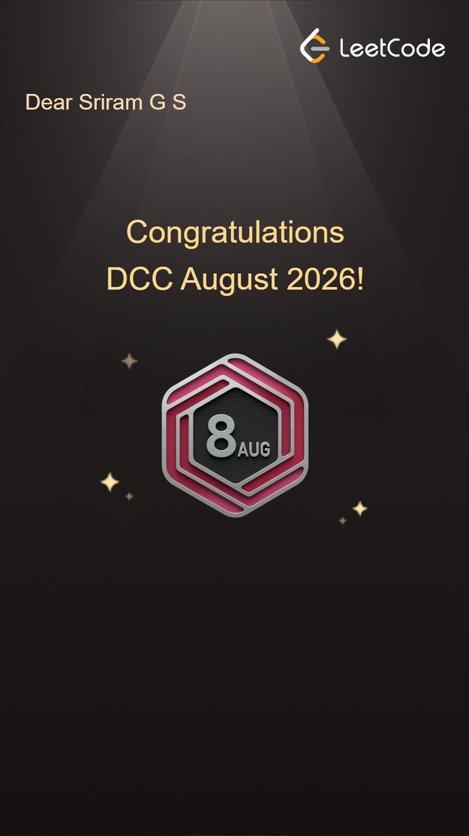 gssriram9050's tweet photo. 🏆 Three Months of Consistency on @LeetCode! 💻
Happy to earn my Daily Coding Challenge badges for July, August, and September 2026! Each month has been an opportunity to strengthen my problem-solving skills, practice DSA, and stay consistent. 🚀
#LeetCode #DSA #ProblemSolving https://t.co/ejFSqgp3Sq