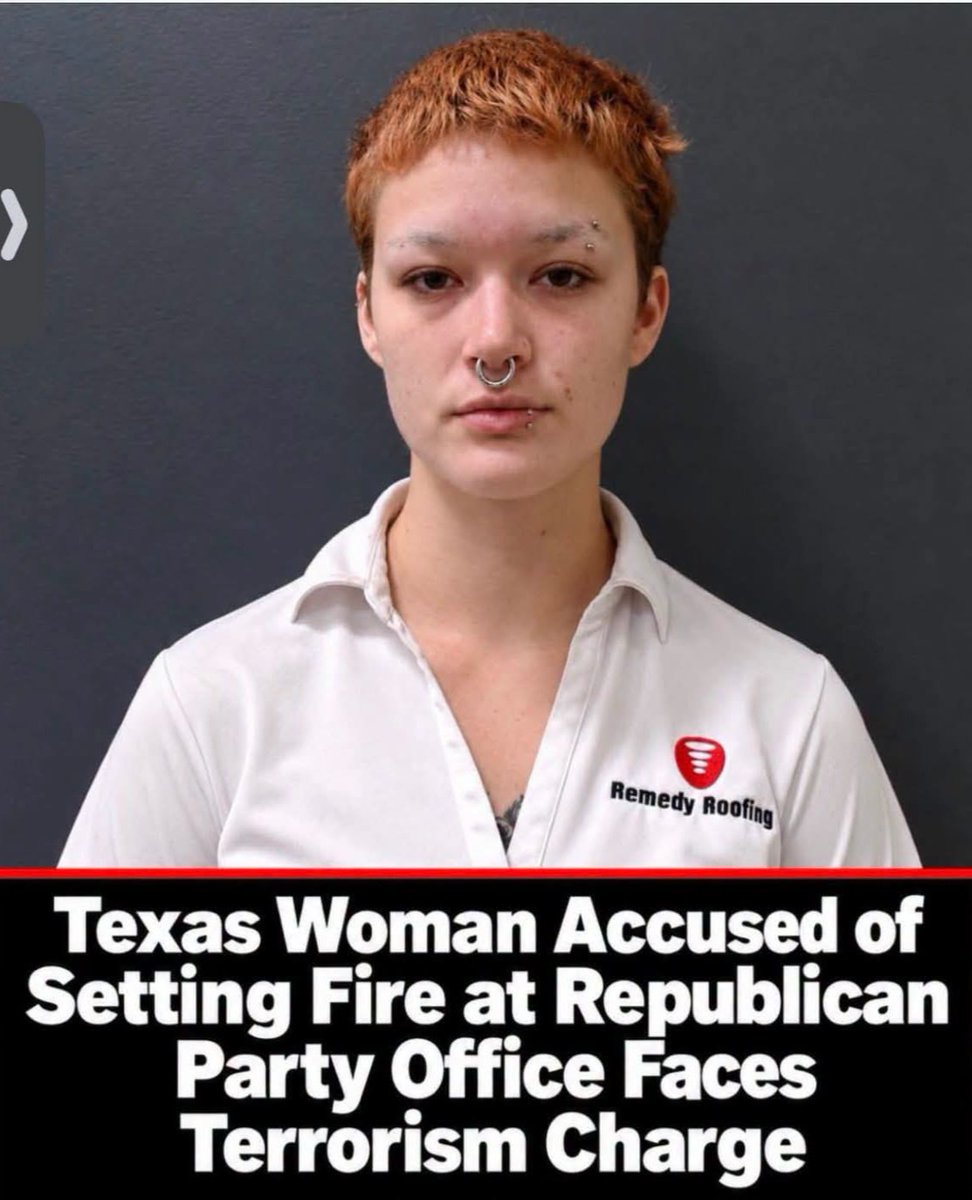 AmesStraight's tweet photo. Apparently, disagreeing with Republicans required gasoline and a burning magazine. 🙄

Grace Carol Brown, 22, was indicted on a Texas terrorism charge in April following a January fire at the Comal County Republican Party headquarters in New Braunfels.

She looks like I knew she would look.   Typical libtard. 

Federal prosecutors later announced a separate arson indictment, alleging she broke a window, tossed in a backpack containing gasoline and ethanol, then threw a burning magazine inside.

Thankfully, nobody was injured and damage was minor. The allegations still must be proven in court.

Political disagreement belongs at the ballot box. Anyone who tries to settle it with fire deserves serious consequences if convicted.