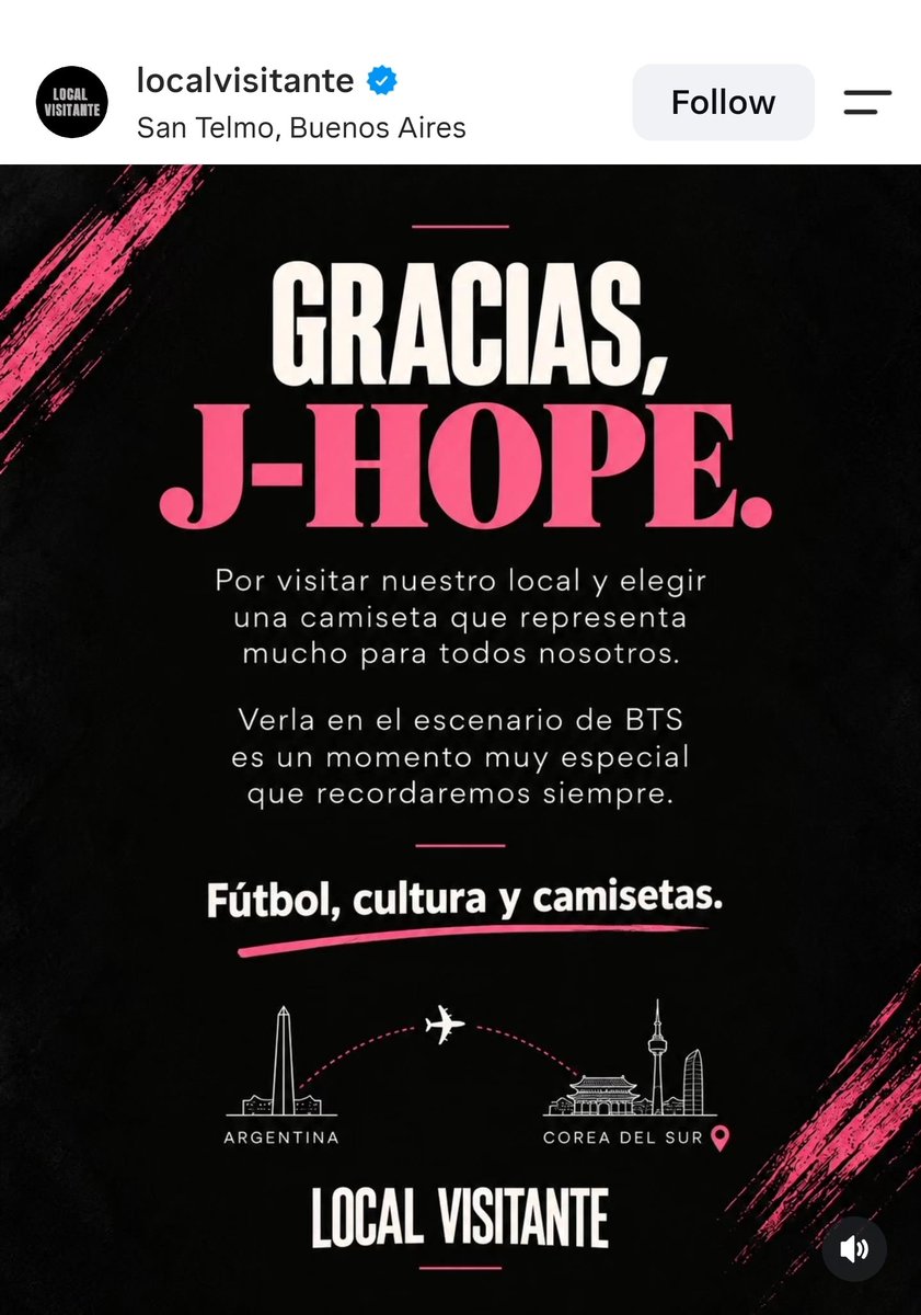 HobiCasa's tweet photo. Buenos Aires local store, Local Visitante,  shared that j-hope himself picked his Messi Jersey 💖

"THANK YOU, J-HOPE.  
​For visiting our shop and choosing a shirt that means a lot to all of us.  
​Seeing it on the BTS stage is a very special moment that we will always remember.

​Football, culture, and jerseys."

Location : Perú 1055, C1068 Cdad. Autónoma de Buenos Aires, Argentina