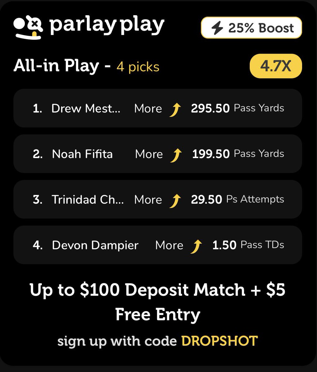 dropshotpoints's tweet photo. ParlayPlay CFB profit Boost 🏈🚀

4.7x 1U

Daily profit boosts and discounts lock into the new look ParlayPlay!

Get a free game and a 100% Deposit match when you sign up and use code “DROPSHOT” 
https://t.co/dmfy0VuG2k https://t.co/HSadGKRsiP