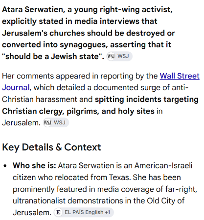 Libertymama888's tweet photo. @MaxBlumenthal The Zionist terrorist supporter in the video is Atara Serwatien. She was born in Texas. She said Christian churches in Jerusalem should be destroyed and converted into synagogues ⬇️ https://t.co/Yoz5BG59T7