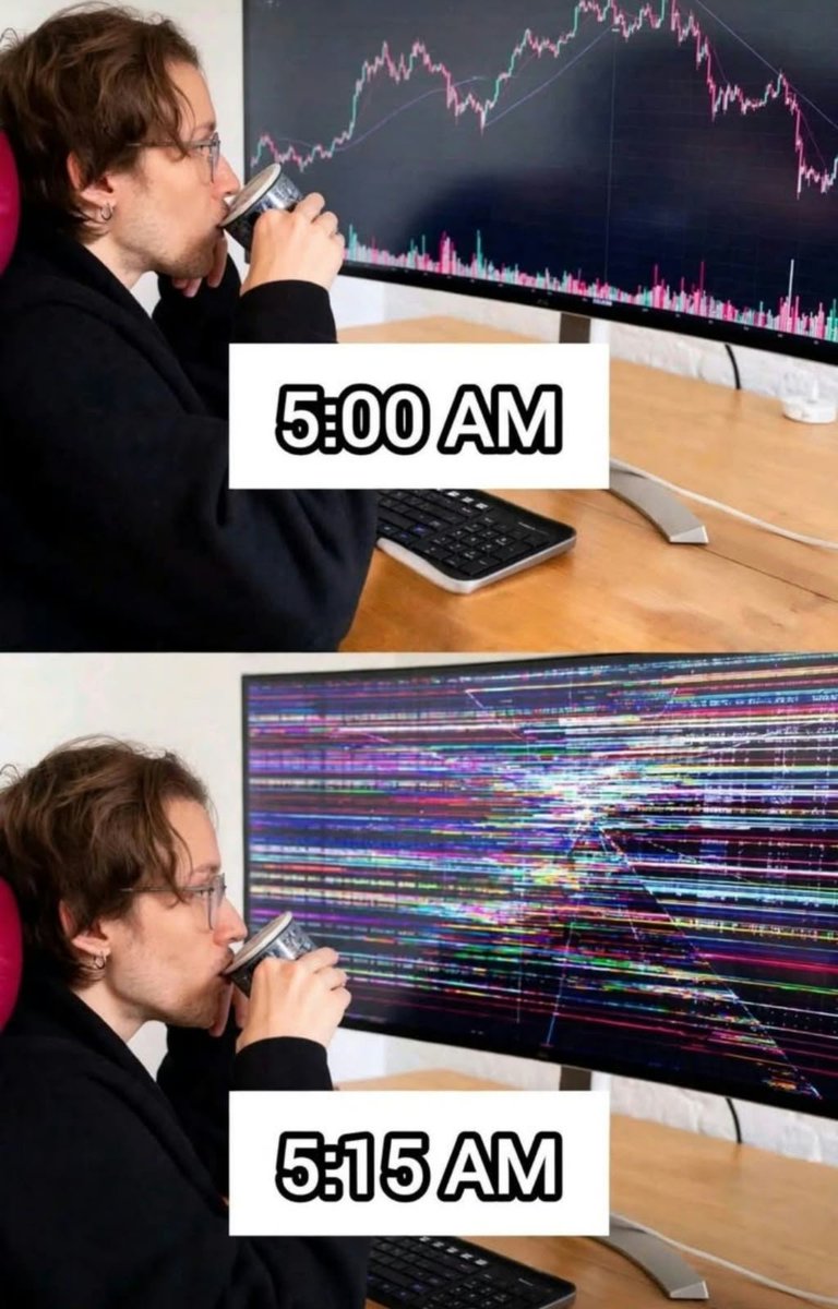 CoinDelusion's tweet photo. 5:00 AM: “I’m about to become a millionaire.” 📈

5:15 AM: The market has other plans. 💀

Crypto traders never get peace.

#Crypto #Bitcoin #TradingMemes #CryptoTwitter https://t.co/FprsZPRSx7
