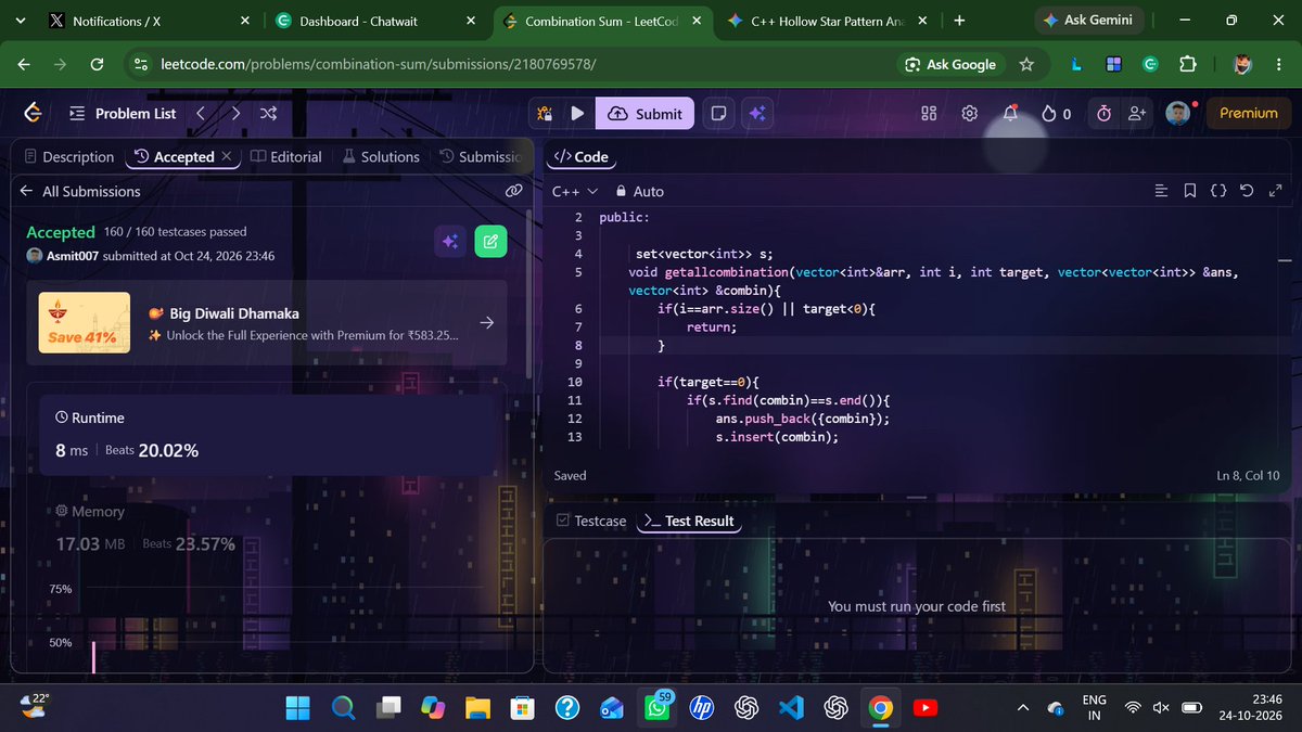 Asmit0001's tweet photo. Day 39/50 of the DSA Grind!
Problem: Combination Sum
Technique: Backtracking & Recursion
Status: 8 ms | 17.03 MB (Beats 23.57%)
Exploring all valid candidate combinations using recursive backtracking to hit the target sum. Clean execution!
#50DaysOfDSA #LeetCode #CPP https://t.co/m28HIzCmrq