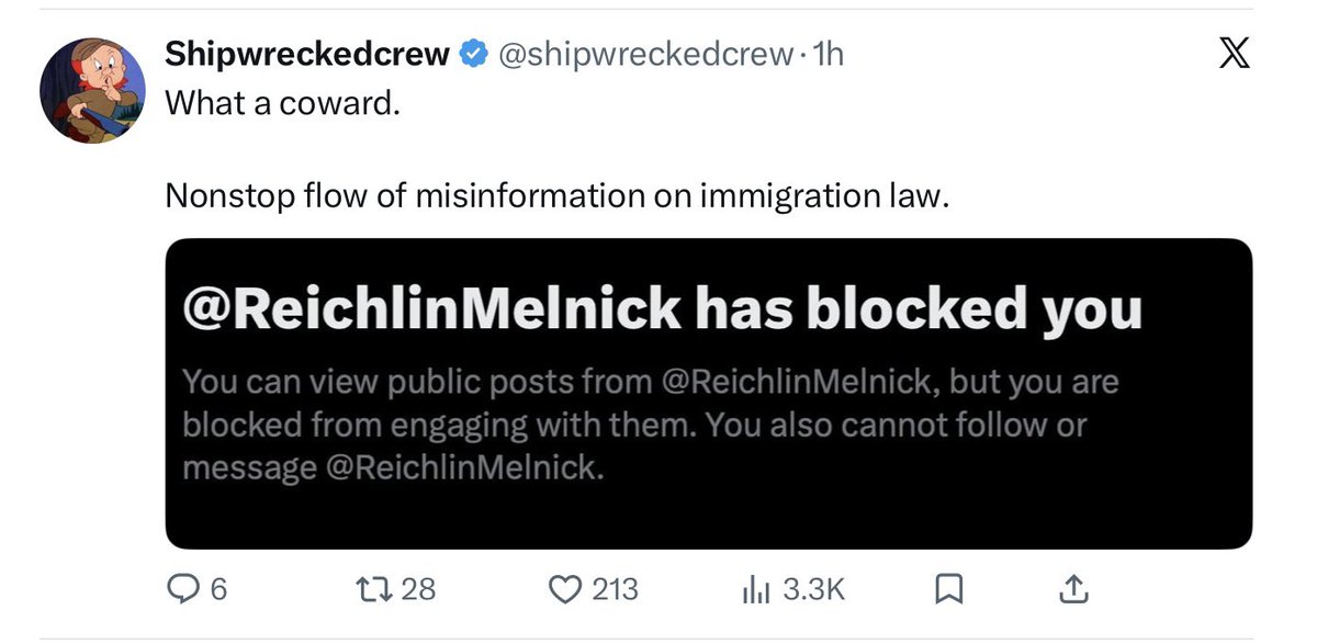 PolitiBunny's tweet photo. I came to your timeline to ask why you blocked @shipwreckedcrew only to find I’m blocked as well.

What a coward. -> @ReichlinMelnick https://t.co/lkBvsQgURq