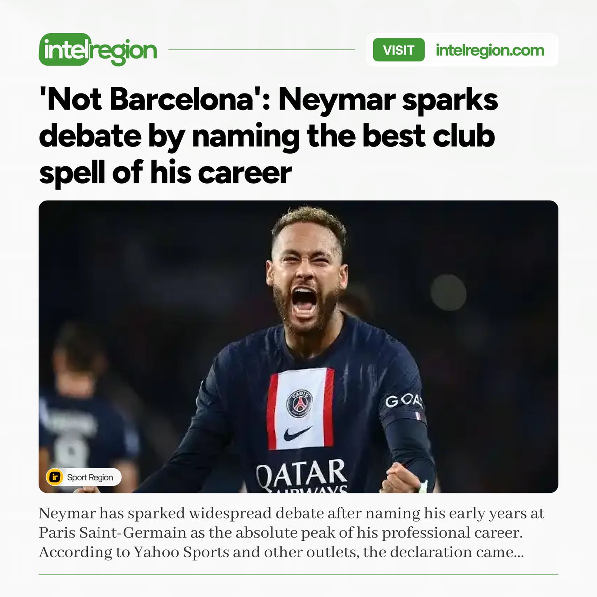 IntelRegion's tweet photo. 'Not Barcelona': Neymar sparks debate by naming the best club spell of his career https://t.co/PcKMcvPPZ0