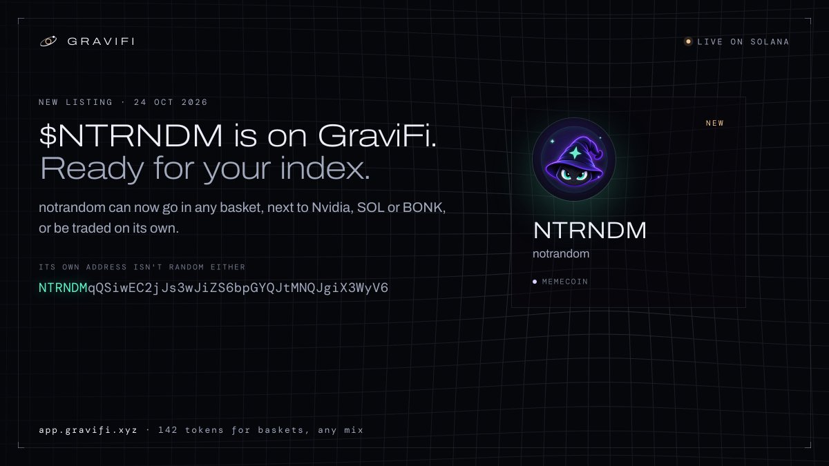 gravifiXYZ's tweet photo. New on GraviFi 🪐: solana:NTRNDMqQSiwEC2jJs3wJiZS6bpGYQJtMNQJgiX3WyV6

notrandom can now go in any index basket 👀

@notrandomdotfun 
https://t.co/rkJptCylue https://t.co/wkkMVXpwsj