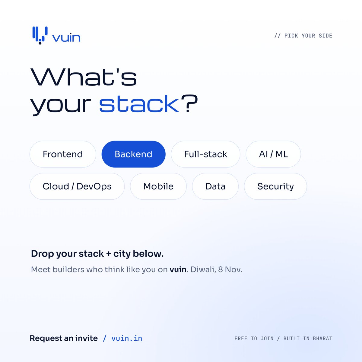 vuindotin's tweet photo. What's your stack?
Frontend, backend, full-stack, AI/ML, cloud, mobile, data or security?
Drop your stack + city below 👇
Meet builders who think like you on vuin.
#IndiaTech https://t.co/9VLqQjtCYY