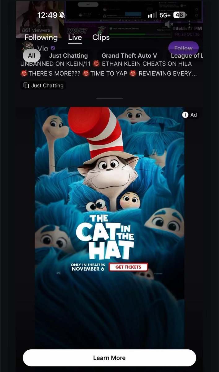viotubing's tweet photo. twitch putting a cat in the hat ad over my stream while I was covering Ethan Klein cheating on his wife is DIABOLICAL 😭😭😭 https://t.co/8fmxfBPJkX