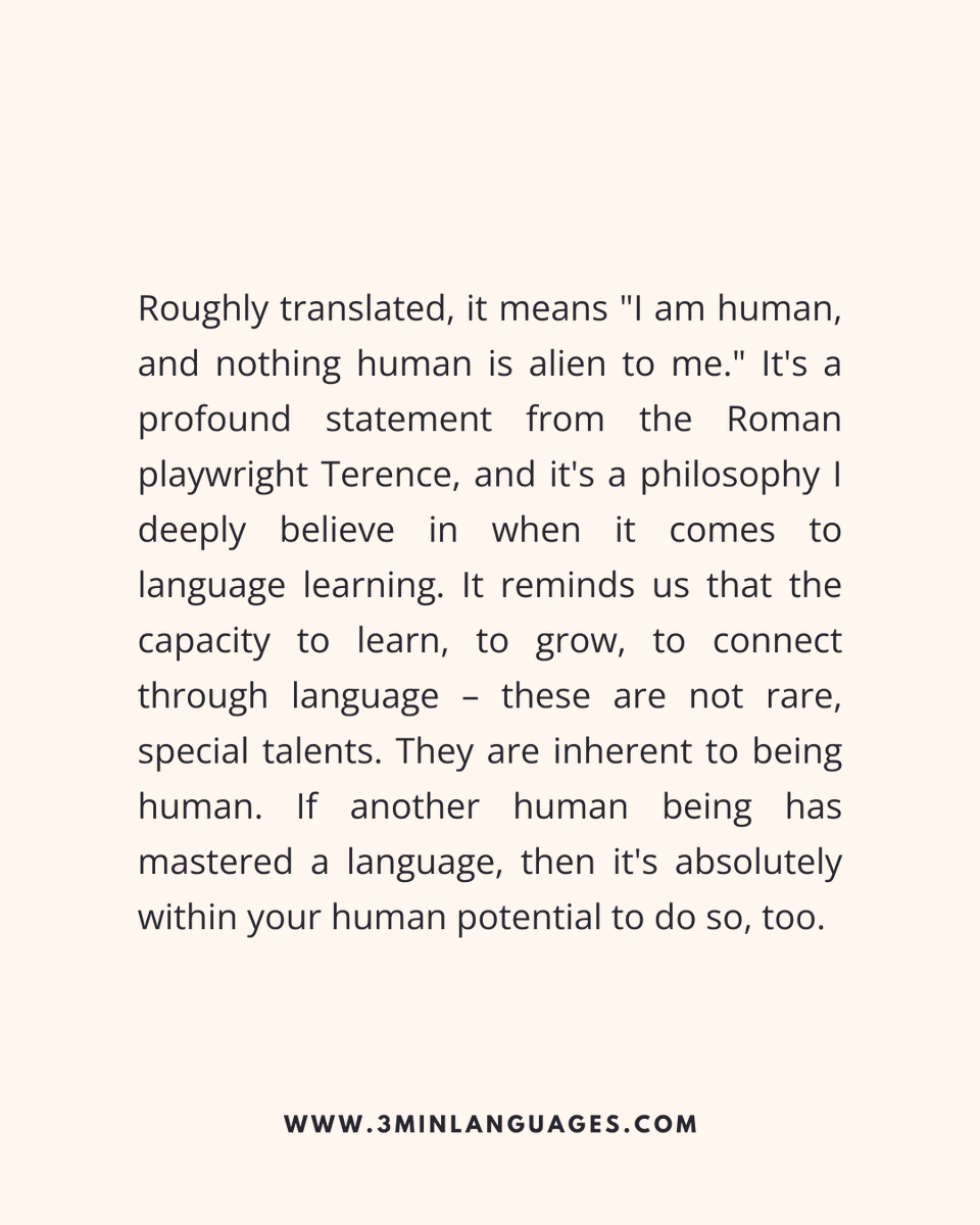 3MLanguages's tweet photo. “Homo sum…” Nothing human is alien to you.
 Language is yours to learn.
 👉 Learn the human way: https://t.co/zJMA7G83iy

#3MinuteLanguages #StudyIn3 #LanguageLearning #MicroLearning #Consistency #LearnFrench #LearnSpanish #LearnGerman #LearnItalian #LearnPortuguese https://t.co/hu2BHNiwJV