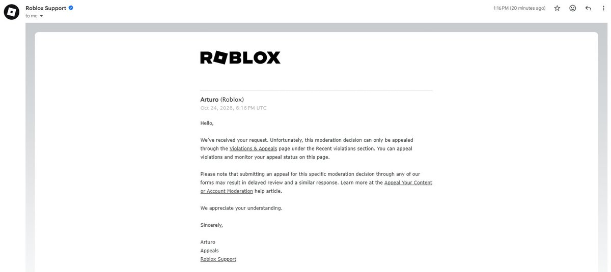 Kounnakou's tweet photo. @Roblox @DavidBaszucki Little update to this: 

This is what they had to say. Wow roblox let me appeal something that I was banned for a day months ago, and the other 2 were warnings.

And my recent ban doesn't even show here. Thanks roblox!
@Roblox https://t.co/ZFVh7ynSB4