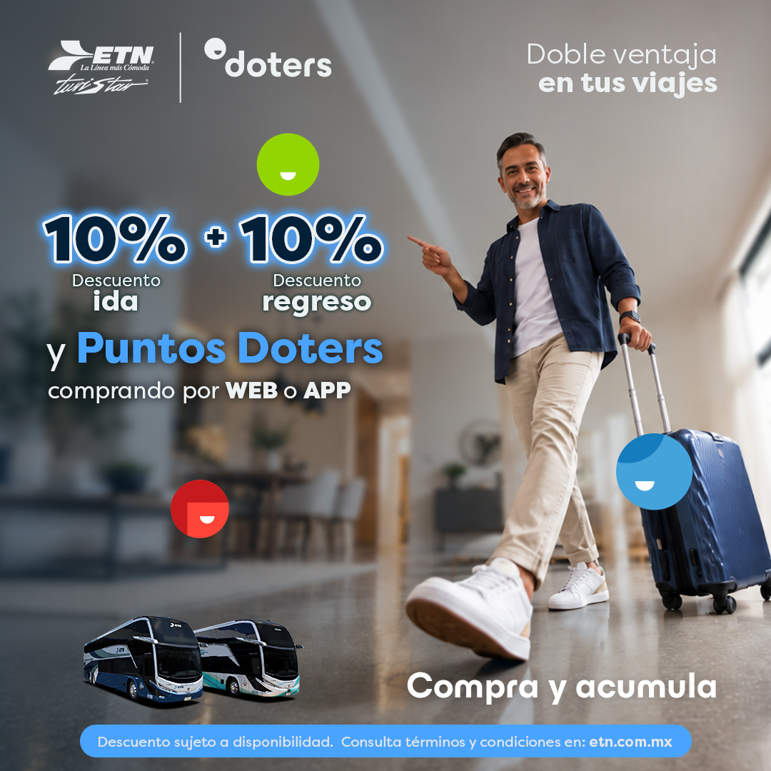 ETNTURISTAR's tweet photo. Haz que tu viaje redondo tenga doble ventaja y acumula Puntos Doters con tu compra.🚌💙
#ETN #Doters #PuntosDoters https://t.co/3pi27P2tR0